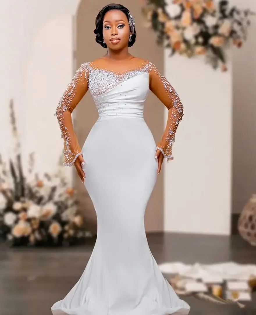 فستان زفاف مخصص مقاس كبير للعروس ذيل قابل للانفصال حورية البحر فستان الزفاف فساتين الزفاف رقبة شفافة وأكمام طويلة