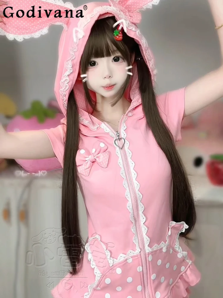 

Japanese Girl's Kawaii Skirt Set Summer New Cute Bow Rabbit Ears Hooded Top Mini Skirt 2-piece Set Daughter Clothes Y2k T-Shirt