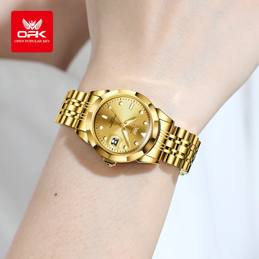 OPK Brand Gold Women's Watches Solid Stainless steel Strap Waterproof Fashion Casual Watch 8170