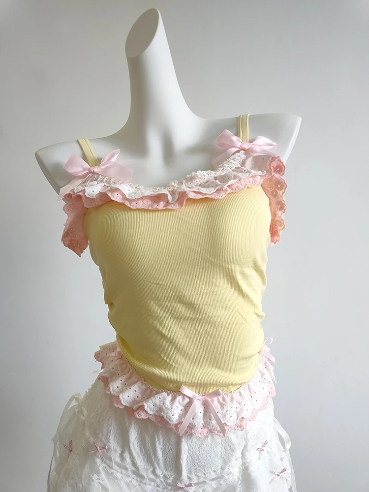 Cute Crop Top Women Summer Bows Decoration Two Layers of Lace Trim Lolita Style Cropped for Sweet Girls Kawaii Clothes