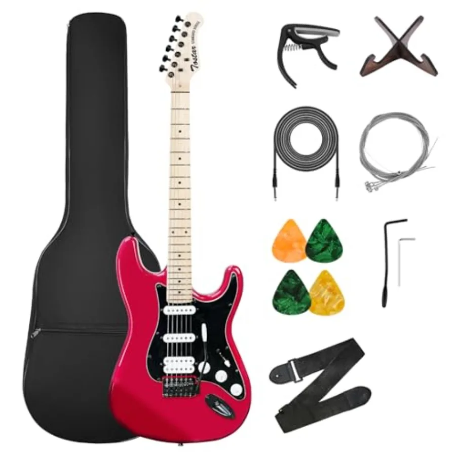 

Red Full Size 6 String Electric Guitar HSS Pickup Bundle with Gig Bag Capo Tremolo Strap Picks and Amp 39 for Beginners Gifts