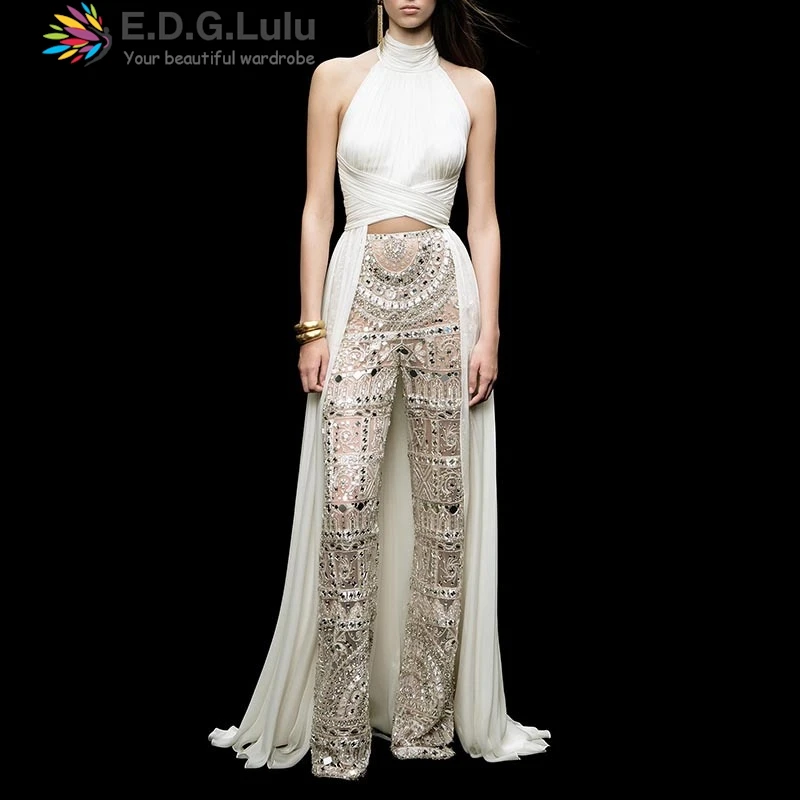 

EDGLuLu 2025 New Arrival High Neck Sleeveless White Long Vest Top Wrapped Pleated High Slit Long Mermaid Top 0824