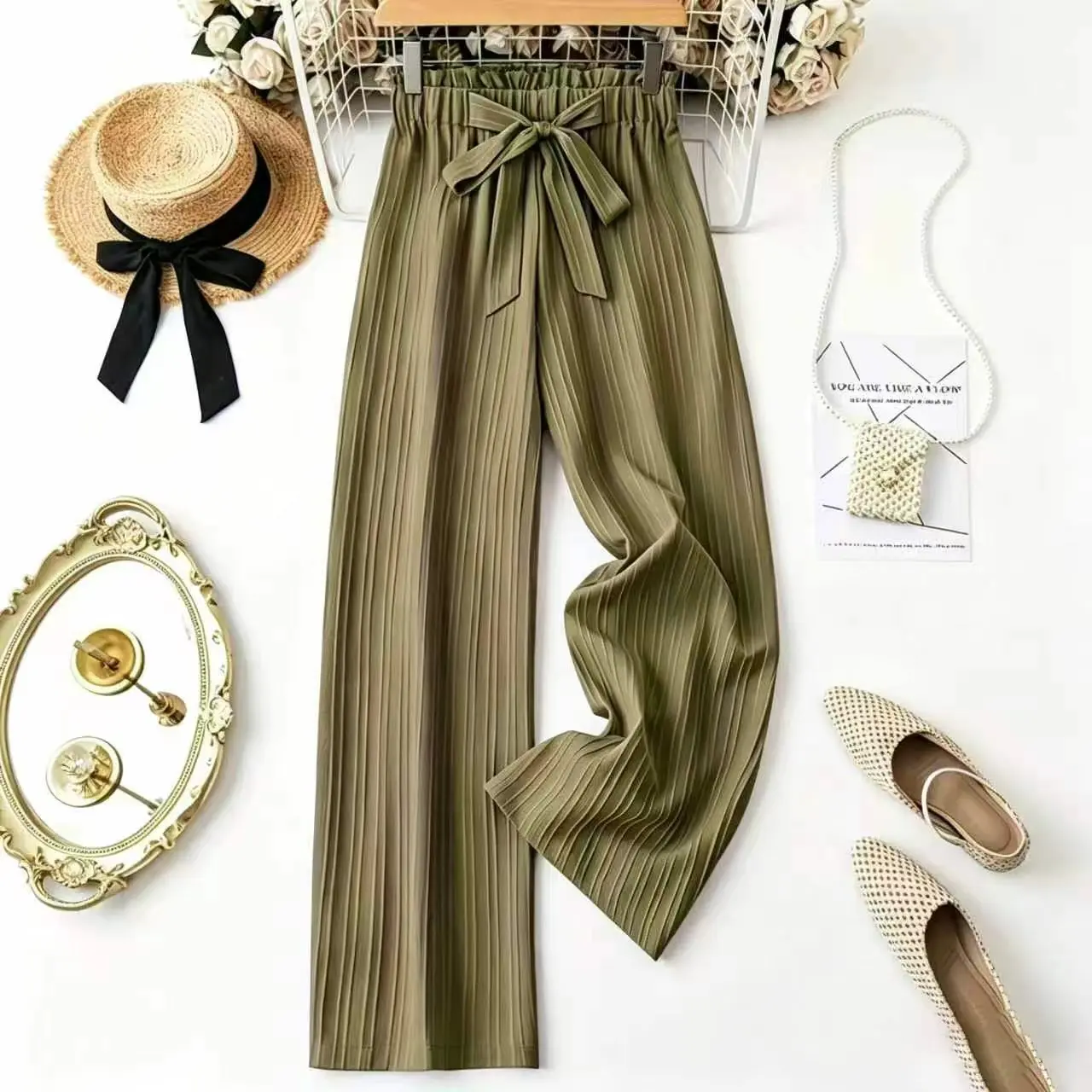 

Women's Pleated Wide Leg Pants High Waist Bow Tie Elastic Waist Casual Loose Trousers Summer Solid Color Green