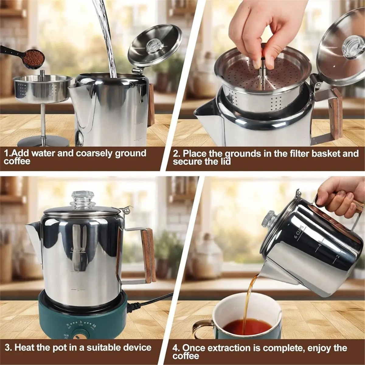 6カップパーコレーター 304ステンレス鋼コーヒーポット コーヒーメーカー ハンドル付き ストーブトップモカ 家庭用およびキャンプ用 1000ml