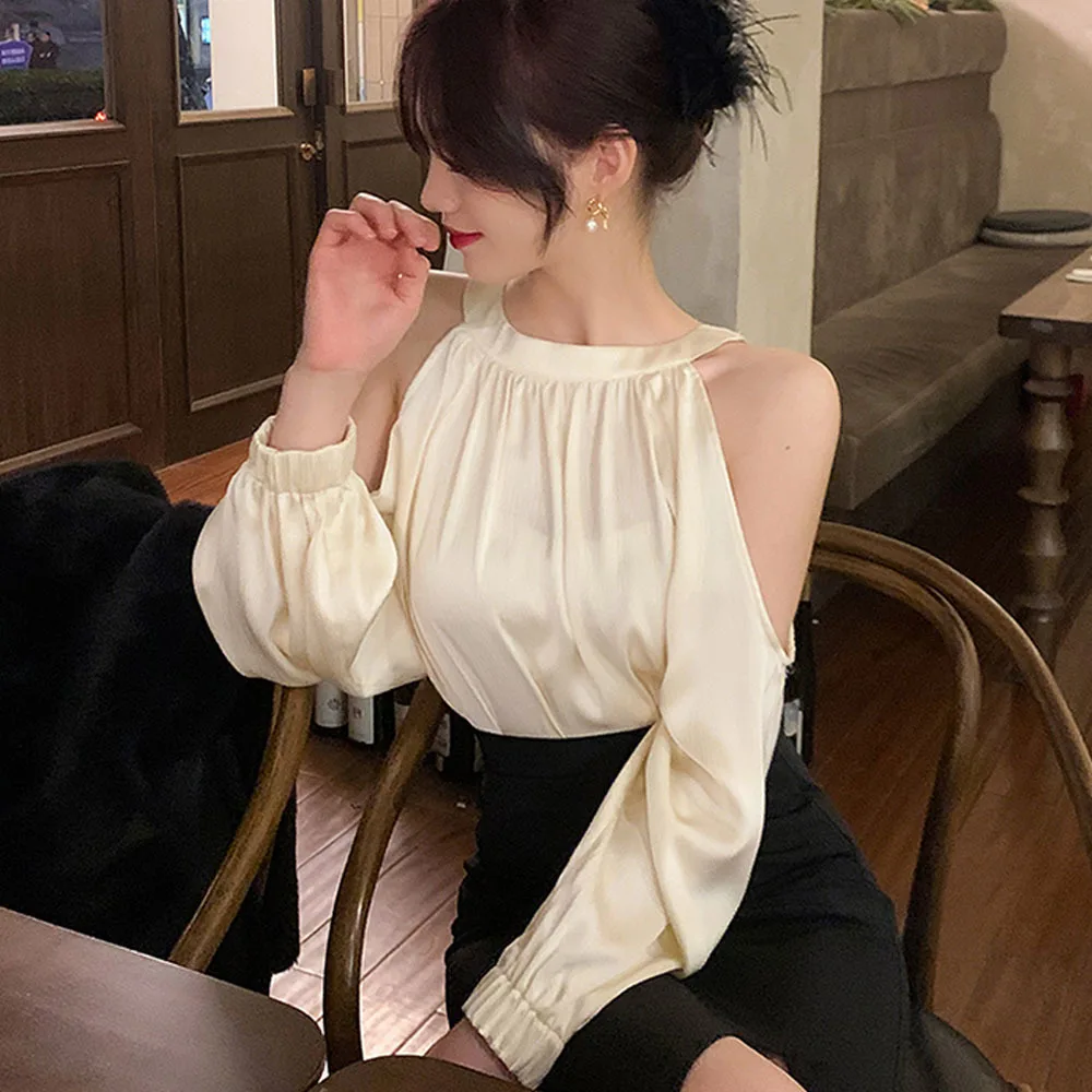 Elegant Blouses Women Sexy Off Shoulder Satin Bandage Stand Collar Long Sleeve Hollow Out Loose Shirts Female Casual Office Tops