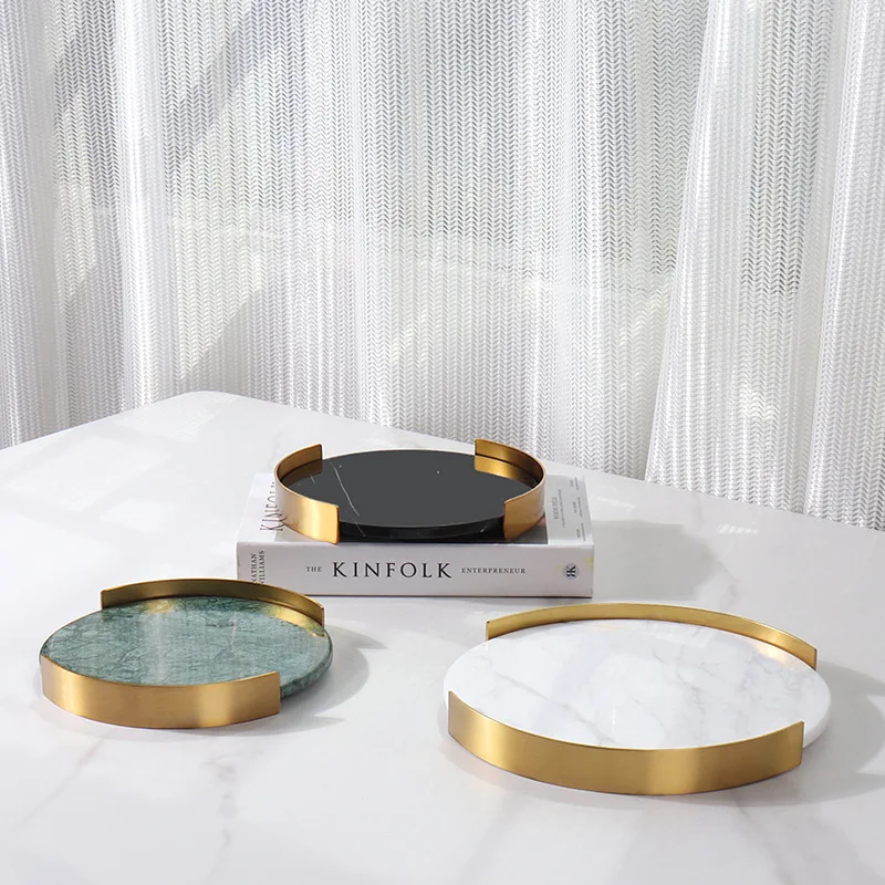 Modern marble metal frame round tray, creative home dresser, cosmetics jewelry table