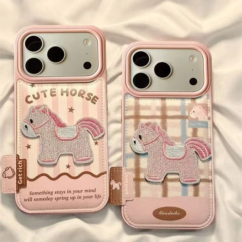 

Pink Pony Design Protective Case for IPhone 16/17 Pro All-Inclusive Anti-Drop Cover with Drum Bag Style Pink Cute