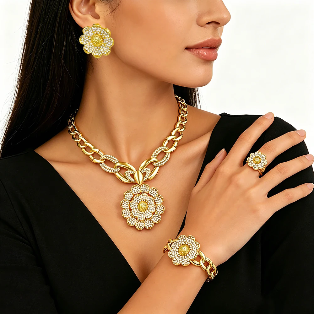 Vintage Jewelry Sets For Women Plant Flower Big Pendant Quality Necklace Earrings Ring Bracelet Set Jewelry Trending