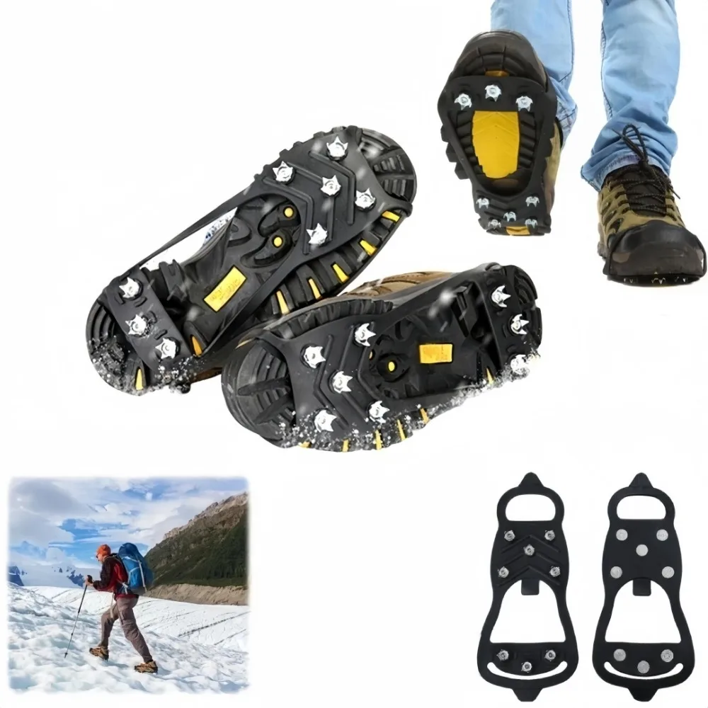 1Pair Ice Grippers 8 Teeth Non Slip Shoe Covers Wear Resistant Gripper Snow Spikes for Snow Walking Climbing Shoes Winter Outdoo