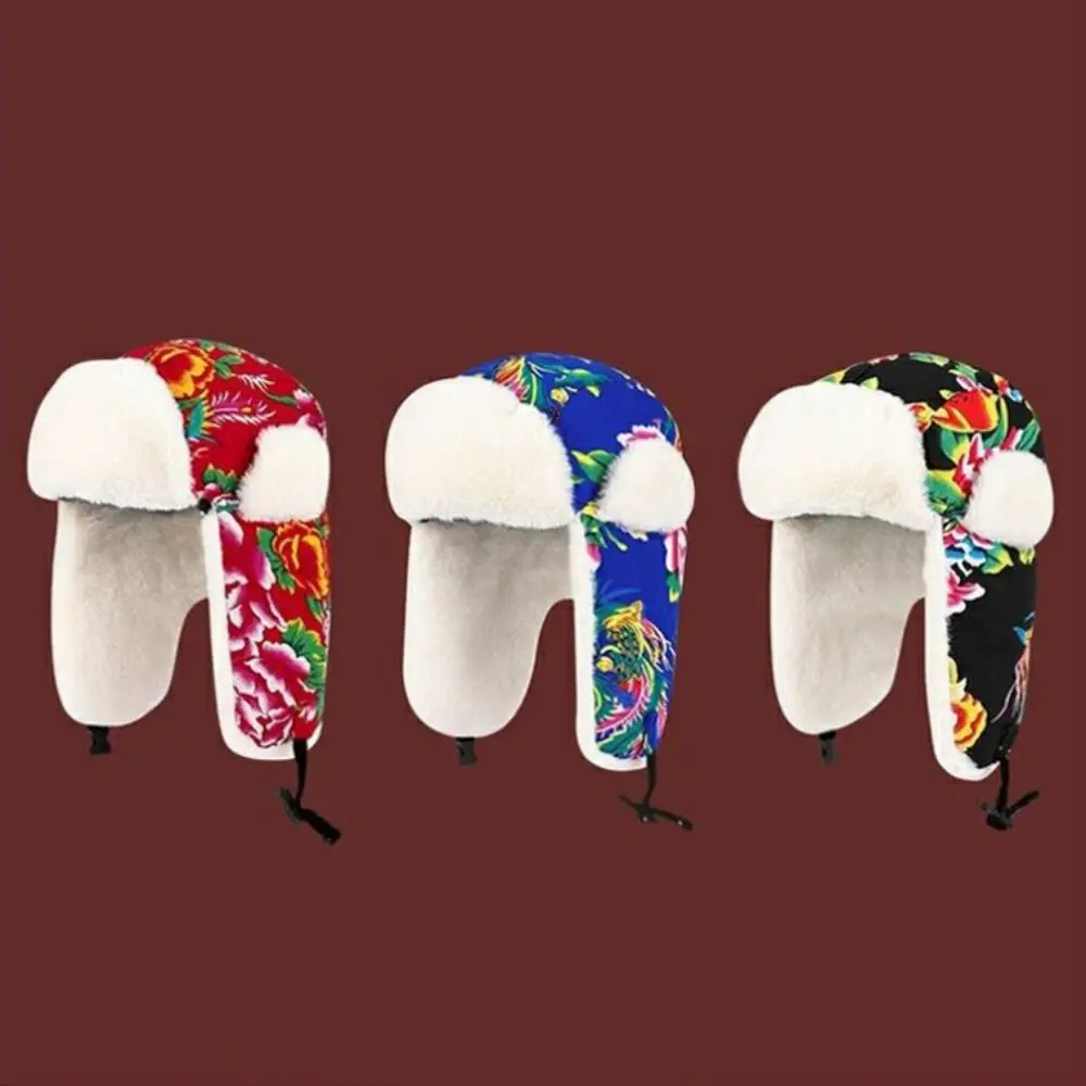 أزياء الشتاء الدافئة سدادات حماية الأذن قبعة زهرة القماش الرجعية العرقية نمط هود قبعة سميكة ليو فنغ قبعة للنساء