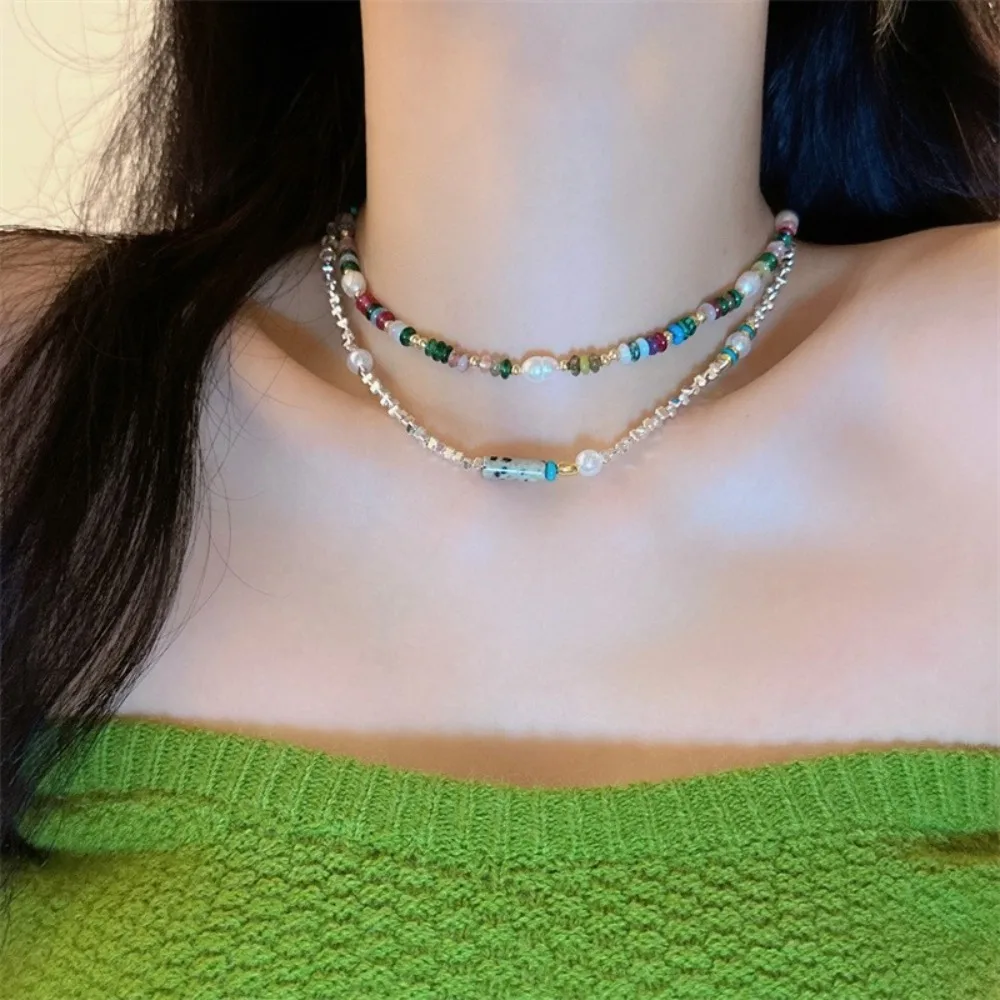 أزياء حجر الترقوة سلسلة البوهيمي قوس قزح الخرز قلادة بسيطة البذور القلائد الملونة النساء #4