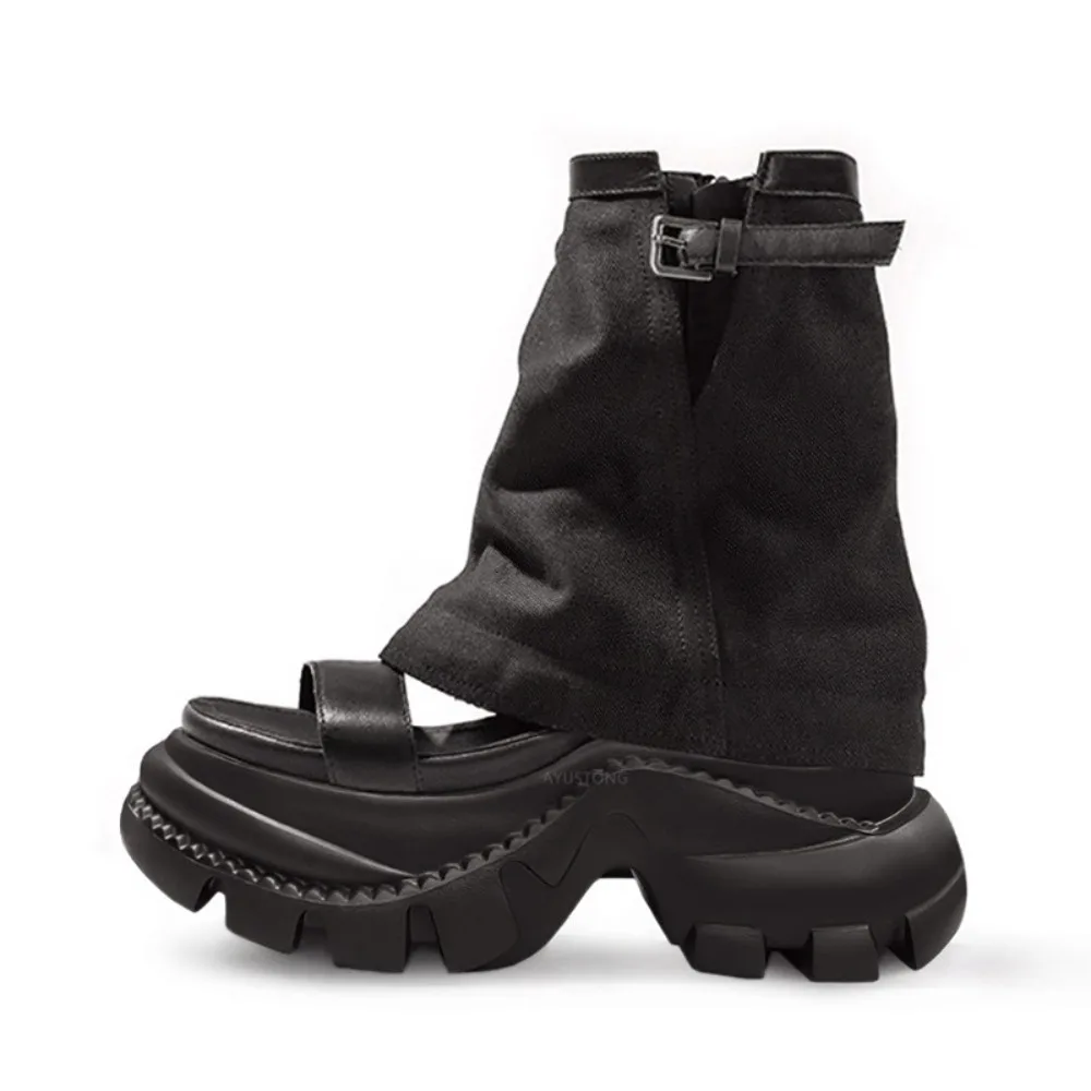 Fashion Leather Motorcyle Boots Platform Hollow Out Trouser Boots Platform Sandals Buckle Belt Women Creeper Boots Gladiator