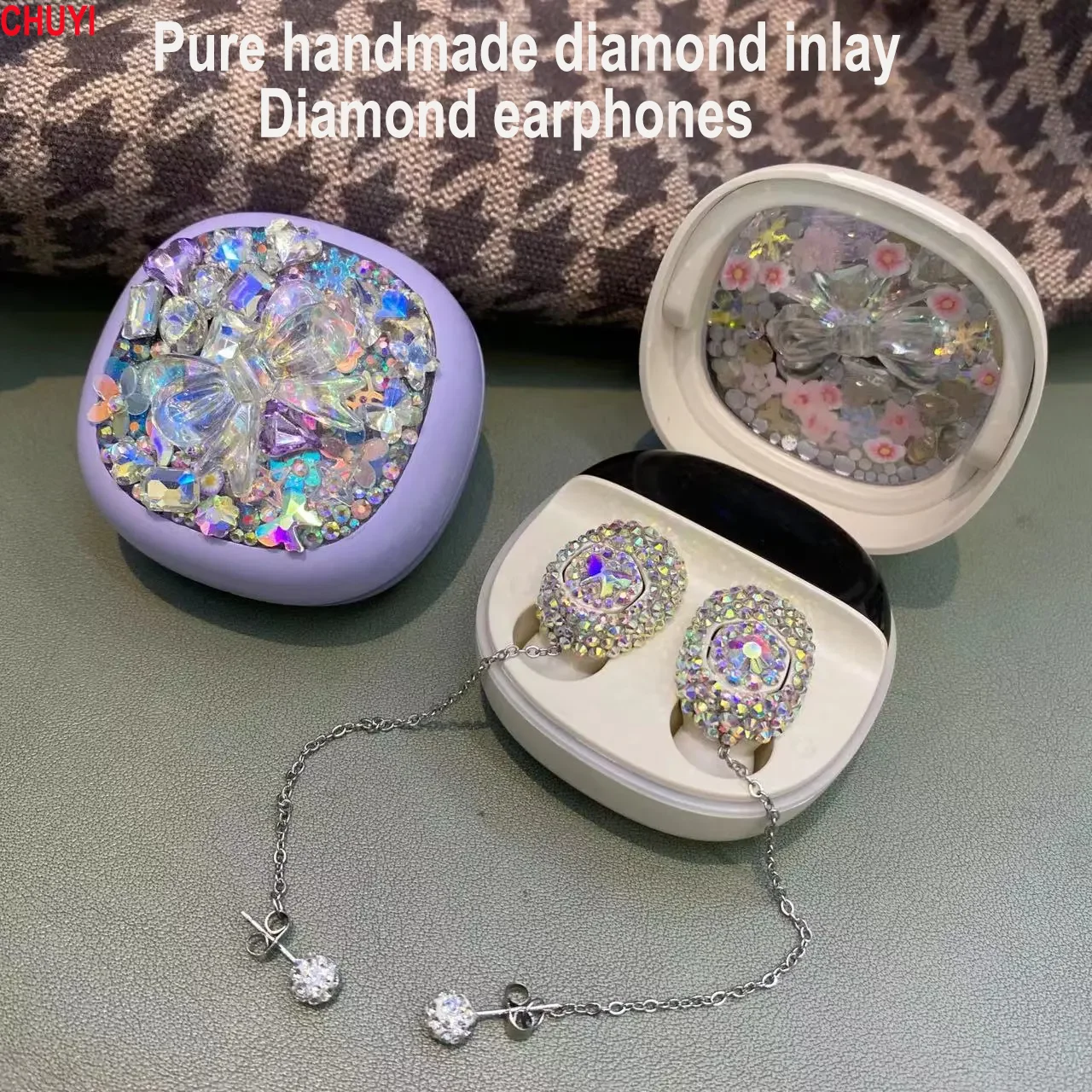 

Diamond Bluetooth Earphones Bluetooth 5.3 Power Display Screen Pure Handmade Diamond Inlay Girls Wireless Headphones Smart Touch