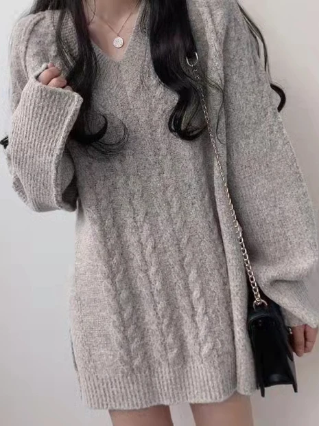 

Chic V-Ne Knitted Sweater Dr Women's Casual Loose Fit Autumn Winter Faion Turtlene Long Sve Dr Commute Sle