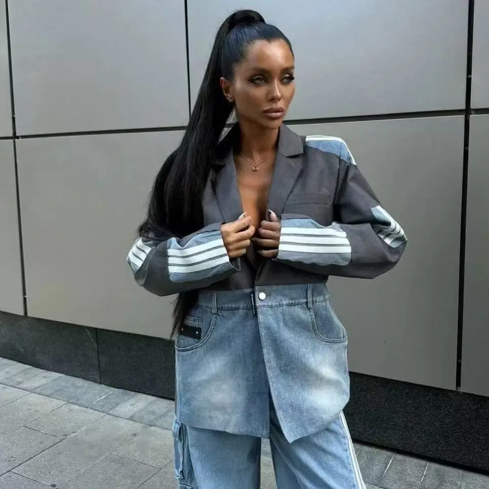 SuperAen Herfst Nieuwe Koreaanse stijl Mode dames Denim Patchwork Notched Single-knop Ontwerp Past High Street Casual Blazers