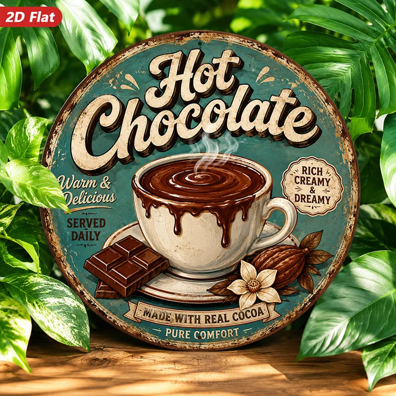 2D Flat, 1pc Hot Chocolate Vintage Round Metal Sign Wall Art, Home Decor, Steaming Mug, Rustic Retro Style, Ideal for Kitchen Di