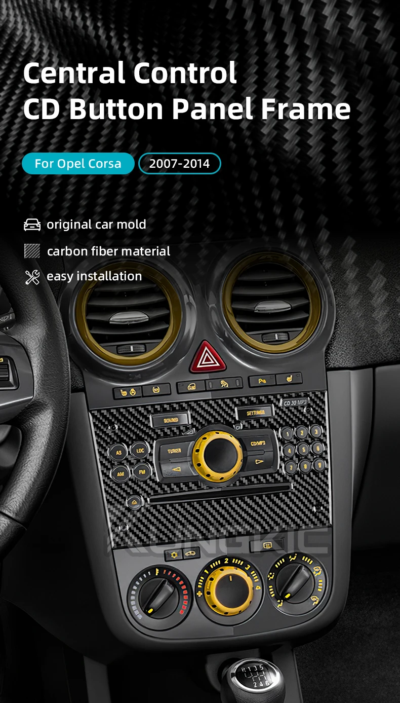 Echter weicher Kohlefaser-Aufkleber für Opel Corsa D 2007 2008 2009 2010 2011 2012 2013 2014, LHD RHD, Auto-Zentralsteuerung, CD-Tastenverkleidung – Detail 1