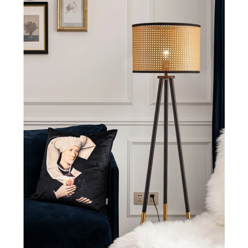 Creative Handmade Rattan Lampshade Led Floor Lamps for Living Room Sofa Study Remote Control Dimmer Standing Lamp Home Decor