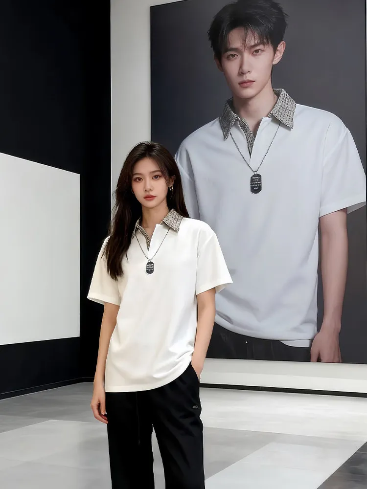 White Polka Dot  Shirt Short Sleeve Unisex Lightweight Summer Turn Collar American Style Fake Two-Piece Shoulder T-Shirt ...