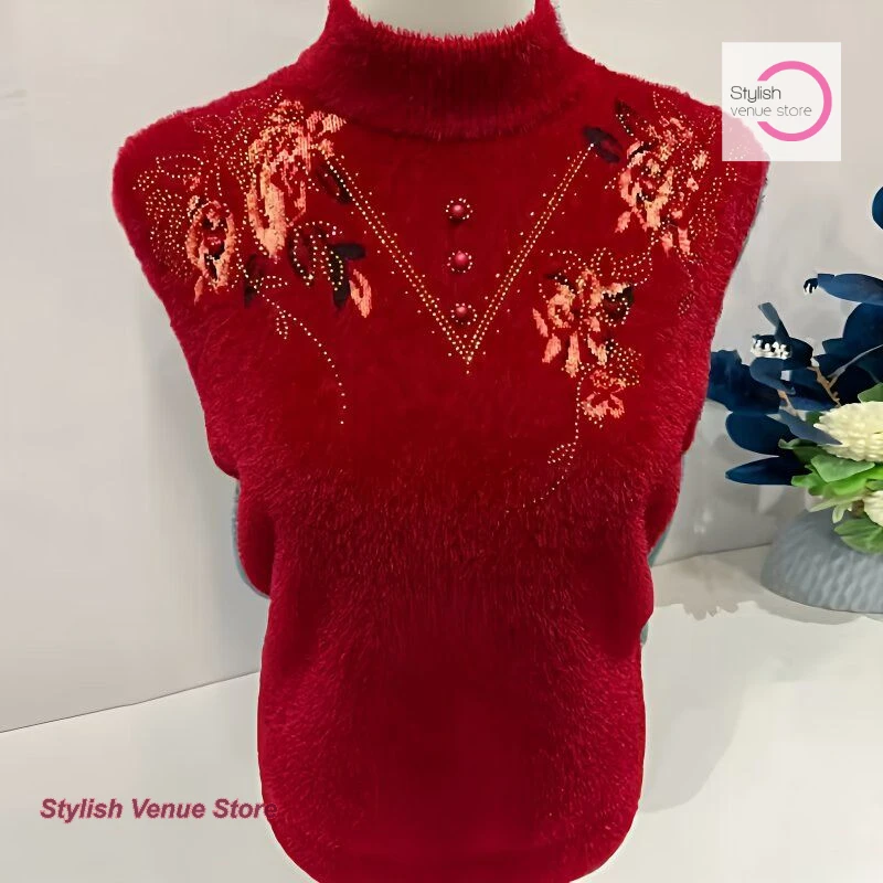 

Mother autumn and winter mink velvet thick sweater middle-aged women's western-style semi-high collar loose bottoming shirt