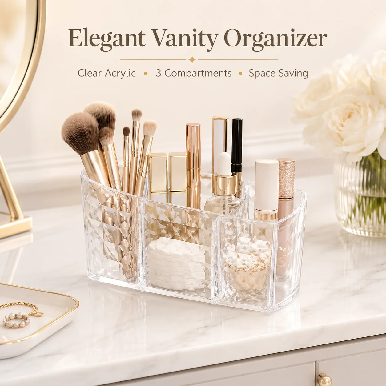 Layered Cosmetic Display Box, Desktop Organizer with Compartments for Jewelry Makeup Brushes and Cosmetics
