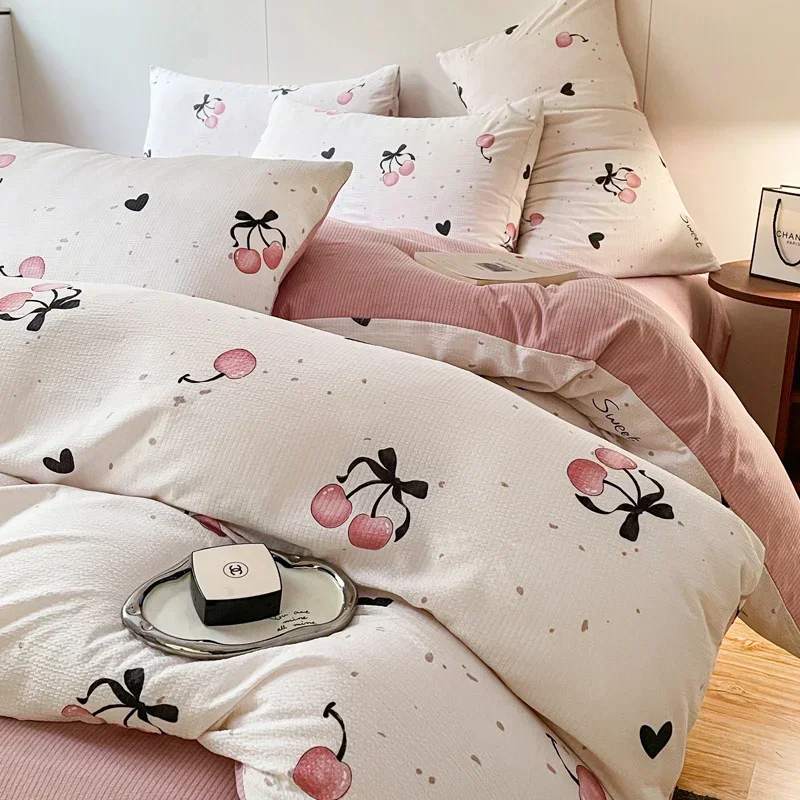 Romantic Pink Cherry Duvet Cover Flat Sheet Pillowcases Fashion Twin Full Summer Spring Bedding Set Girls Bed Linens No Filler