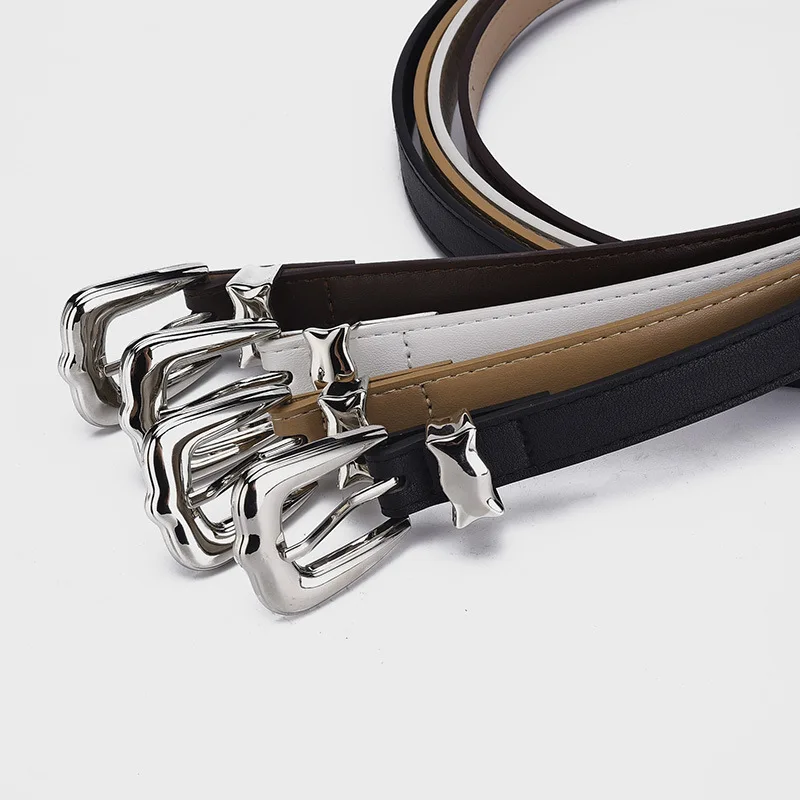 ZLY 2023 New Fashion Belt Women Men Slender Type PU Leather Material 107CM Silver Alloy Metal Pin Buckle Luxury Elegant Casual