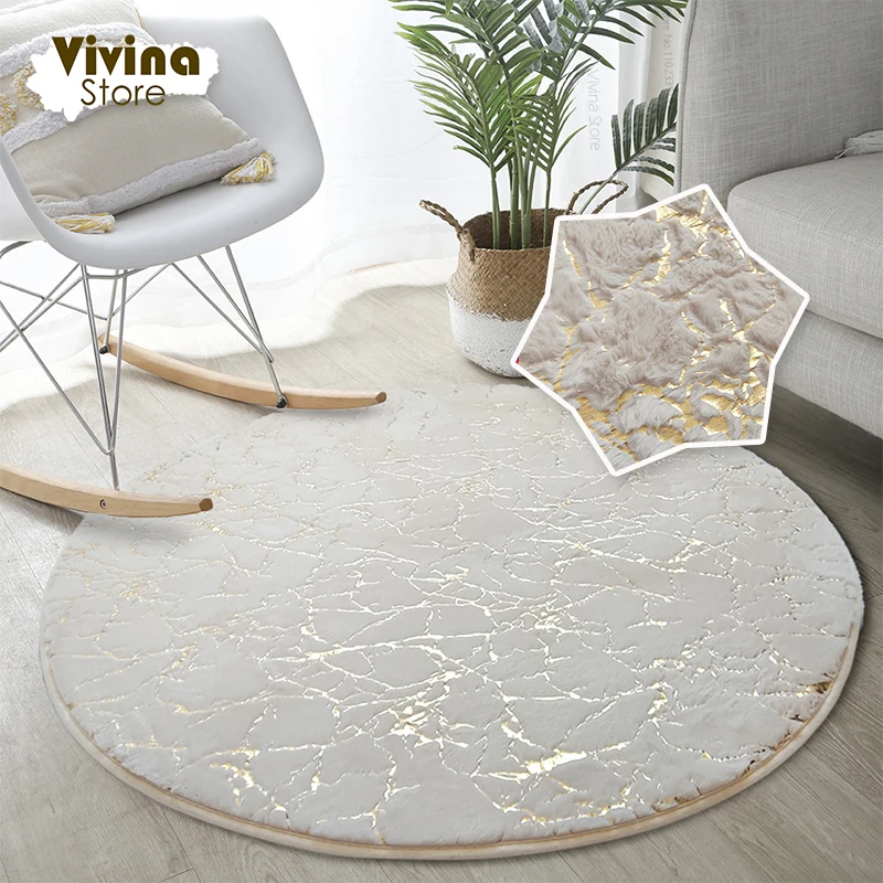 Gold Marble Texture Round Carpet Fur Rug Fluffy Christmas Decoration Bedroom Imitation Rabbit Hair Children's Room Mat Bath Mat