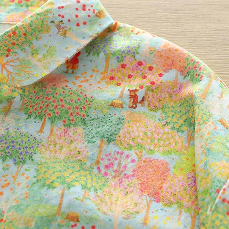 Korean Fashion New Colorful Cotton Shirts Tree Printing Short Sleeve Shirt Women\'s Loose All-match Top Wholesale Retail S060