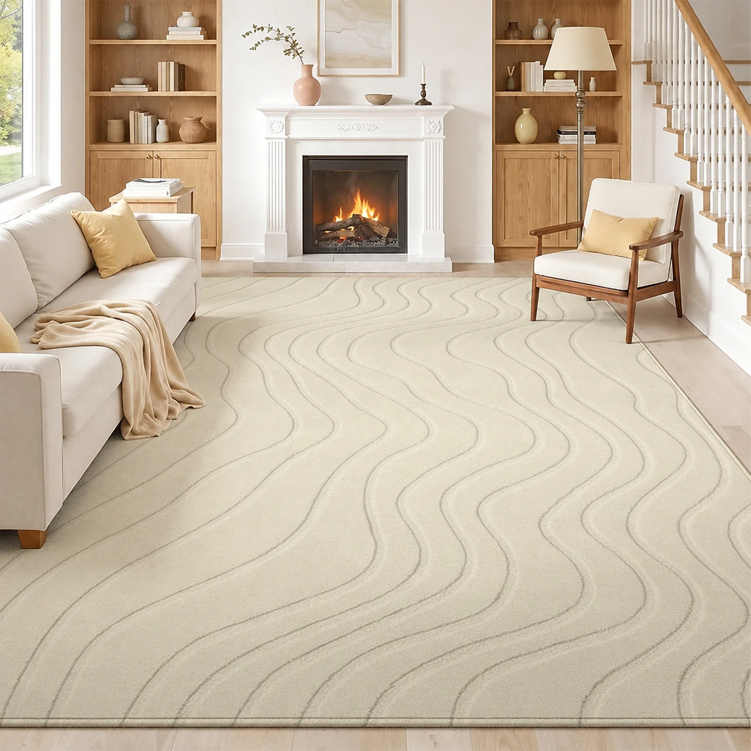 Large Indoor Area Rug, Soft Velvet Low Pile Floor Rug with Non-slip Dotted Backing, Machine Washable Subtle Wavy Line Pattern Light Beige Rug for Living Room and Bedroom Home Decor