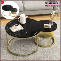 Anajqaqia Modern Round Coffee Table Set of Two, Metal Frame Legs, Imitation Marble White Tabletop, Diameter 70/45 cm, Black