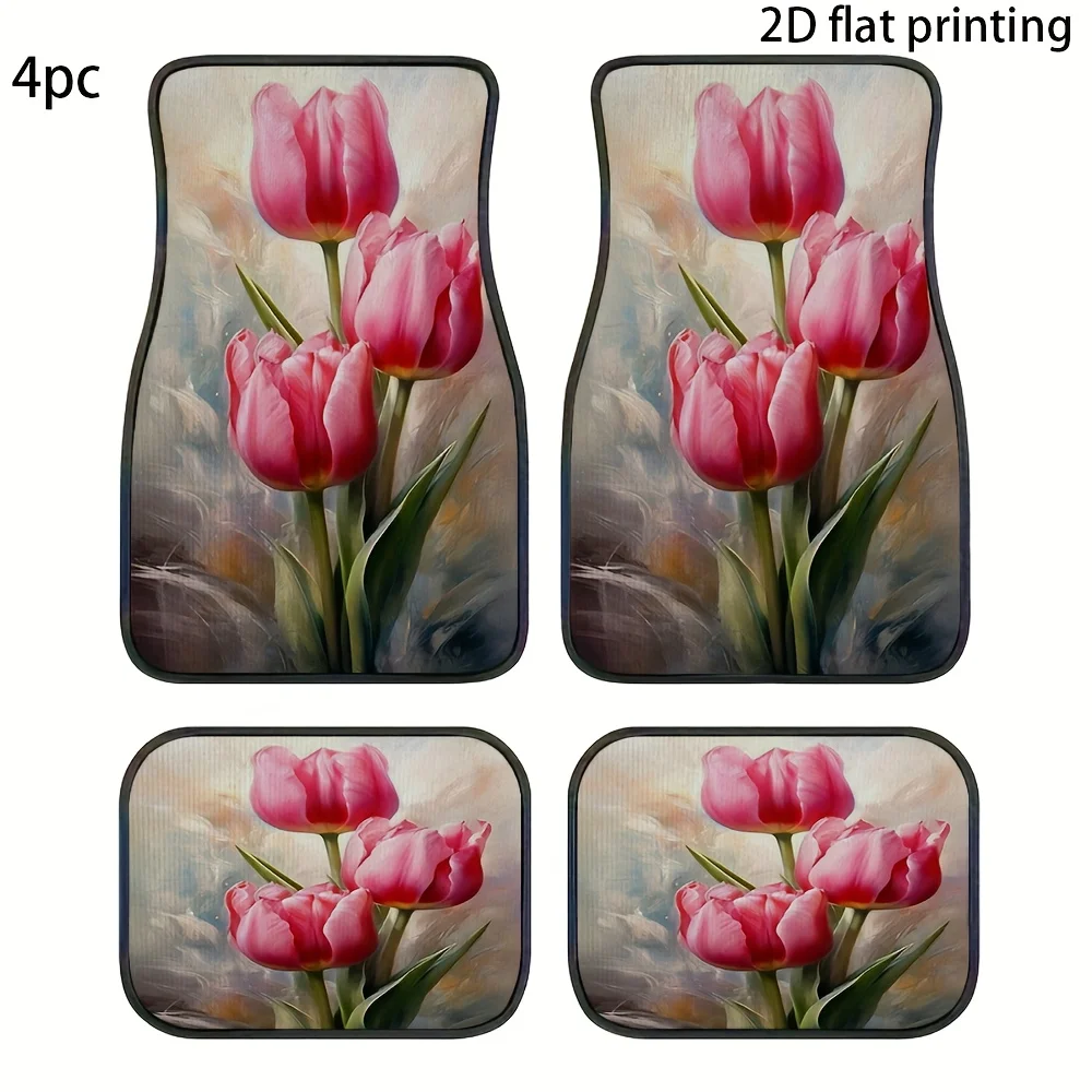 Set Of 4 Pink Tulip Design Car Floor Mats, Sturdy And Easy To Maintain, Ideal For Sedans, Suvs, And Most Rvs, An Excellent Holid