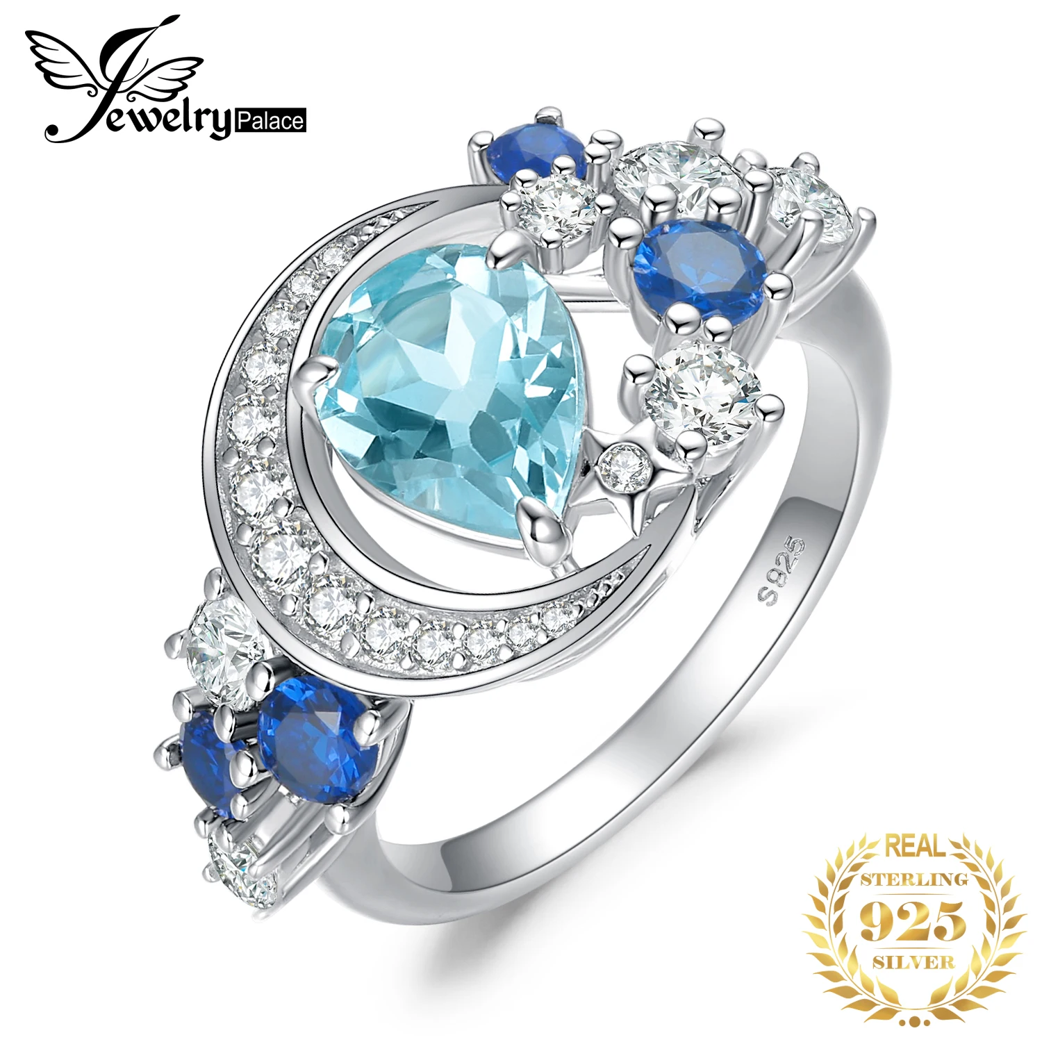 JewelryPalace New Arrival Moon Star 6.8ct Genuine Sky Blue Topaz Created Sapphire 925 Sterling Silver Statement Ring for Woman