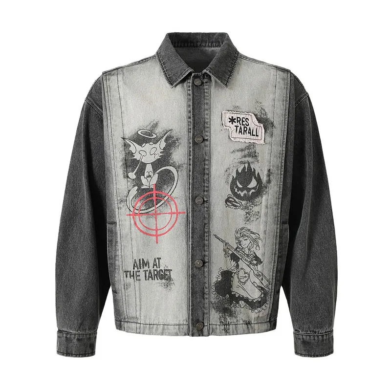 Cartoon Printed Oversized Hip Hop Denim Jackets Hi Street Vintage Casual Outwear Jeans Coats For Male Spring Autumn