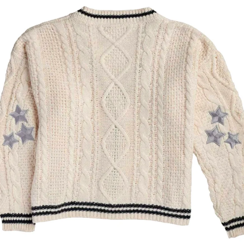Beige Folklore Cardigan Women Letter Patch with Star Embroidered Knitted Sweater Female Winter Autumn Casual Oversized Cardigans