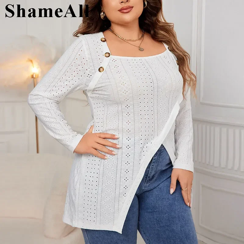 Plus Size Irregular Hem Hollow Out White Loose Shirts Women Elegant Square Collar Button Patchwork Long Sleeve Blouses