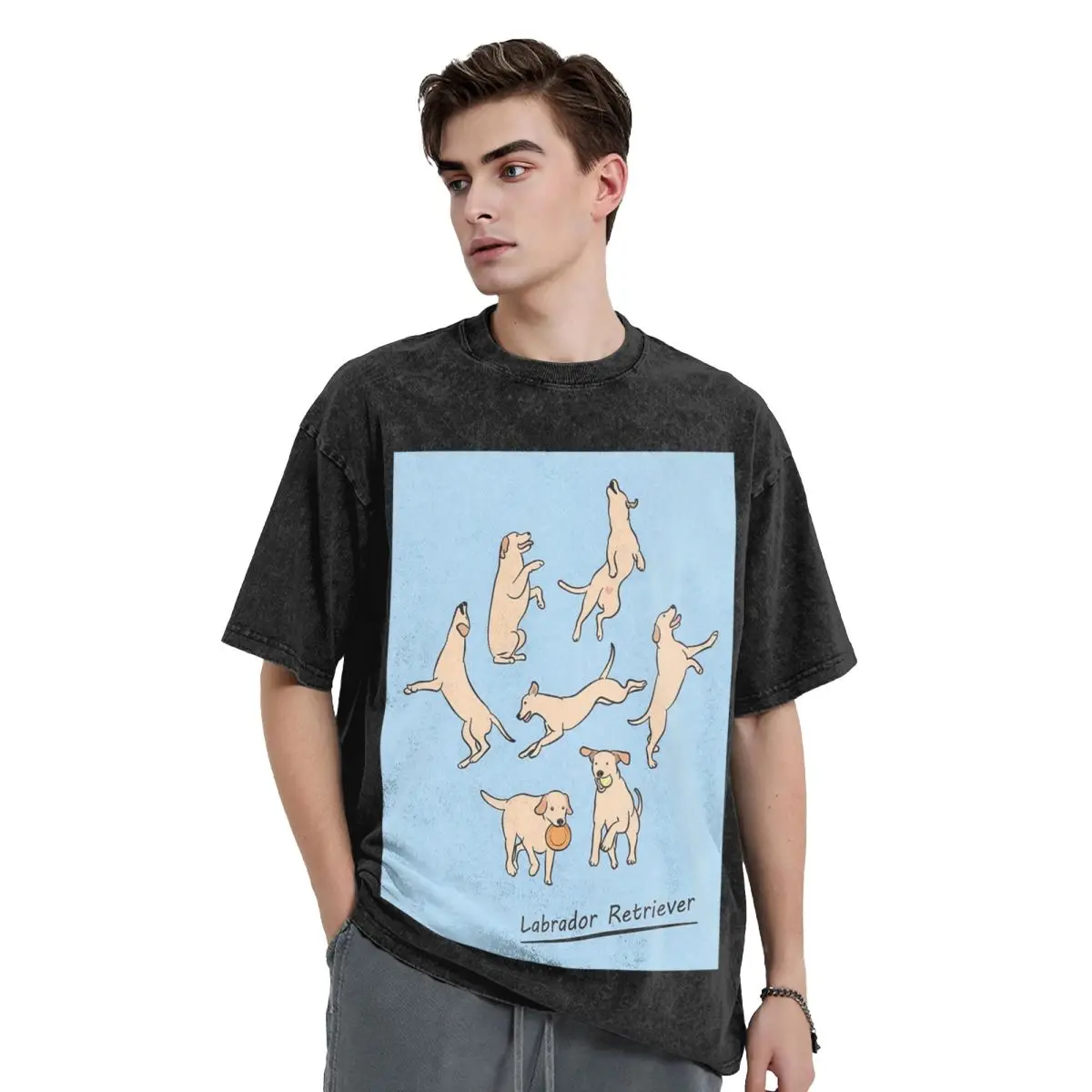 Playing Light Yellow Lab Labrador Retriever Washed T Shirts Printed Short Sleeve Hip Hop T-Shirt Streetwear Tops Tees