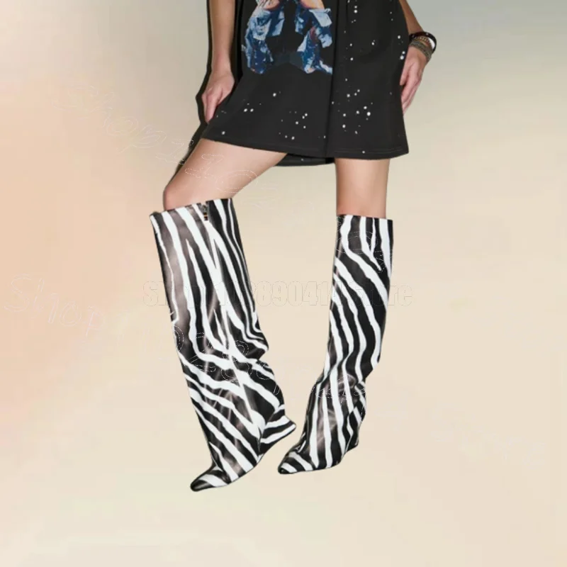 

Zebra Print Wedges Heel Pointed Toe Boots Side Zipper Women Shoes Fashion Party Banquet Dating Runway 2025 Zapatos Para Mujere