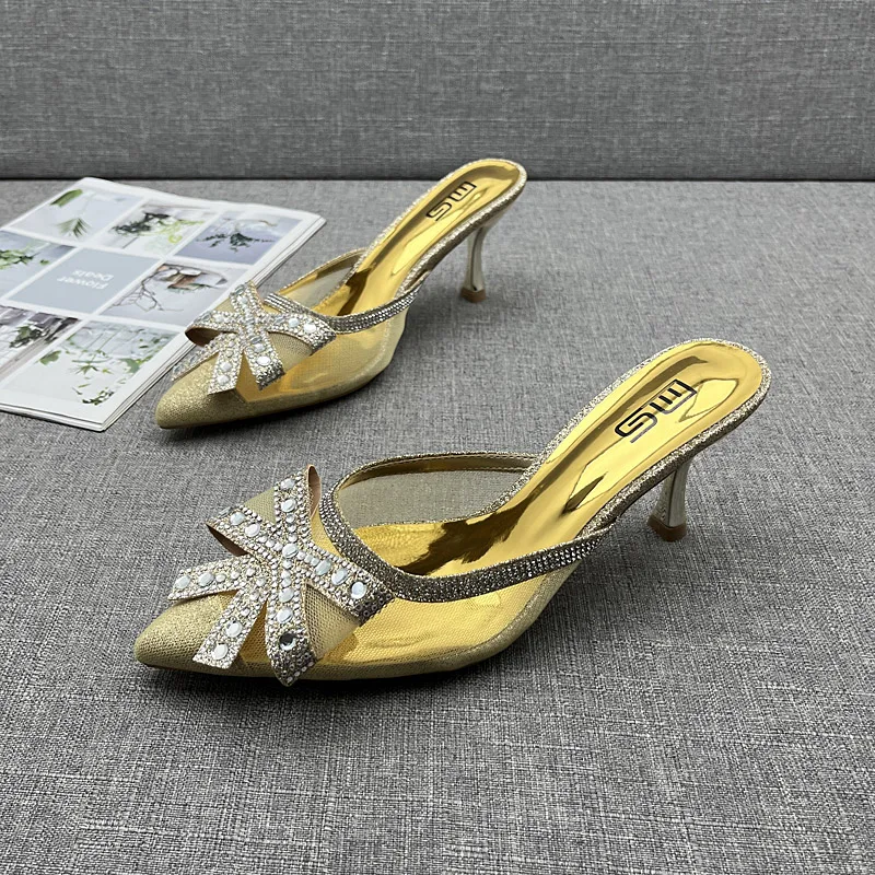 

Slippers for Women 2024 Autumn New Pointed Toe Crystal Bowknot Back High Heel Slippers Stiletto Outside Fashion Women's Sandals