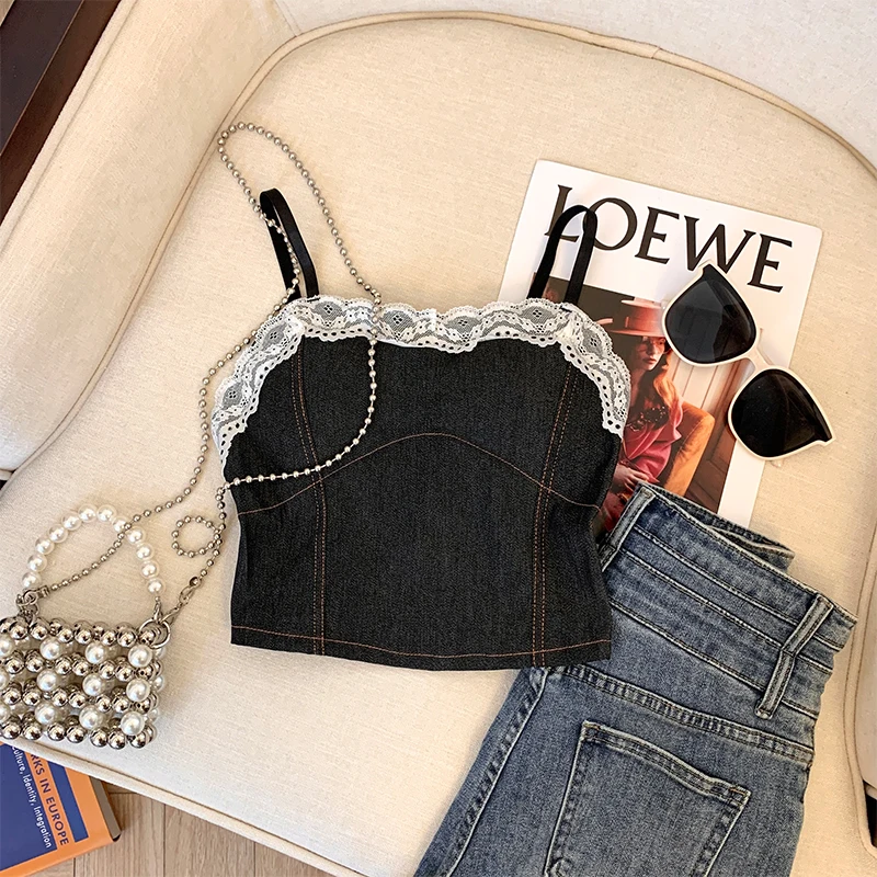 Women's Vest Summer Thin Short Lace Patchwork Spaghetti Strap Tops Korean Style High Street Chic Vests for 18-24 Years Old