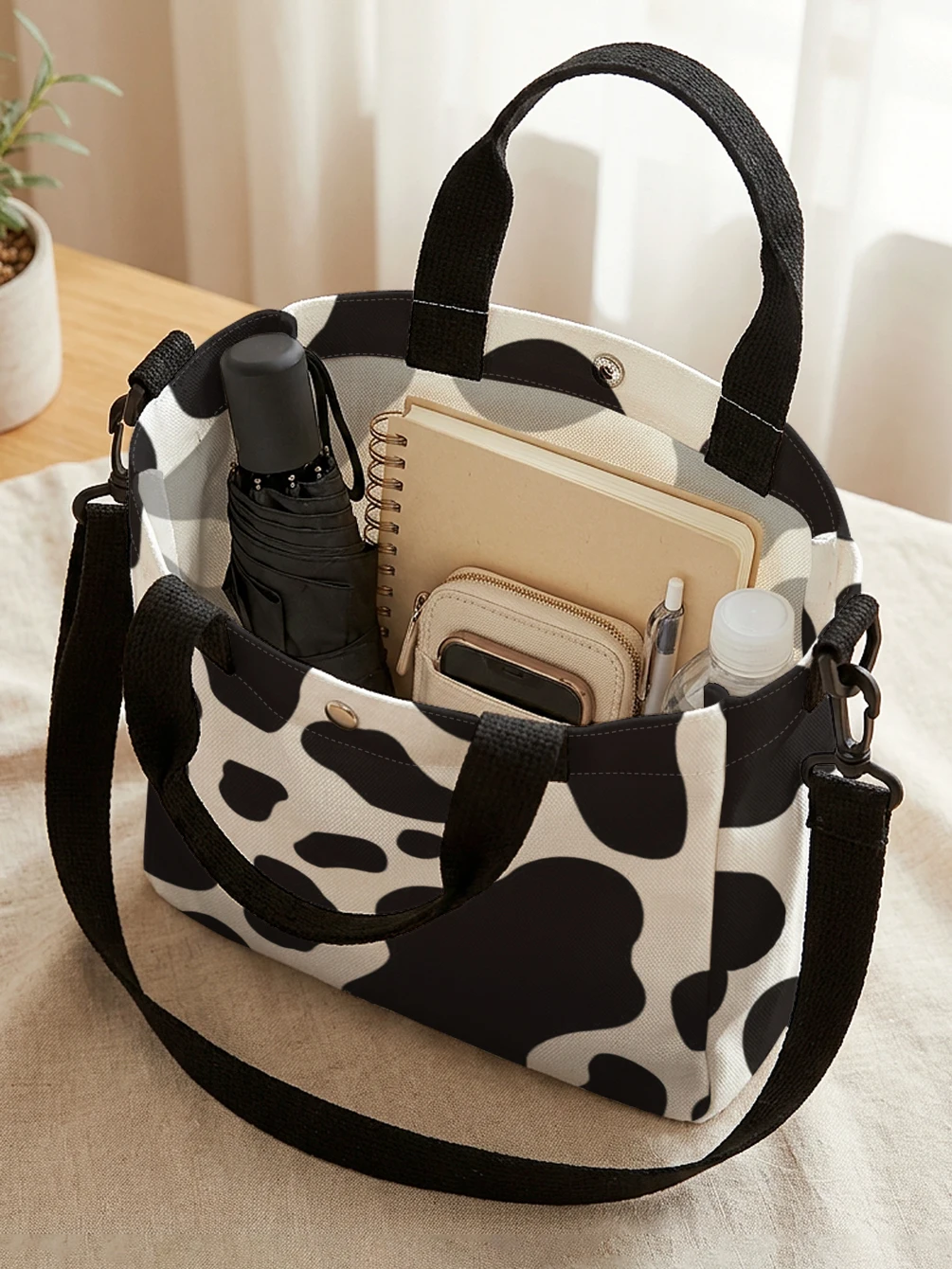 Black White Cow Print Tote Bag Detachable Strap Crossbody Handbag For Women Daily Shopping