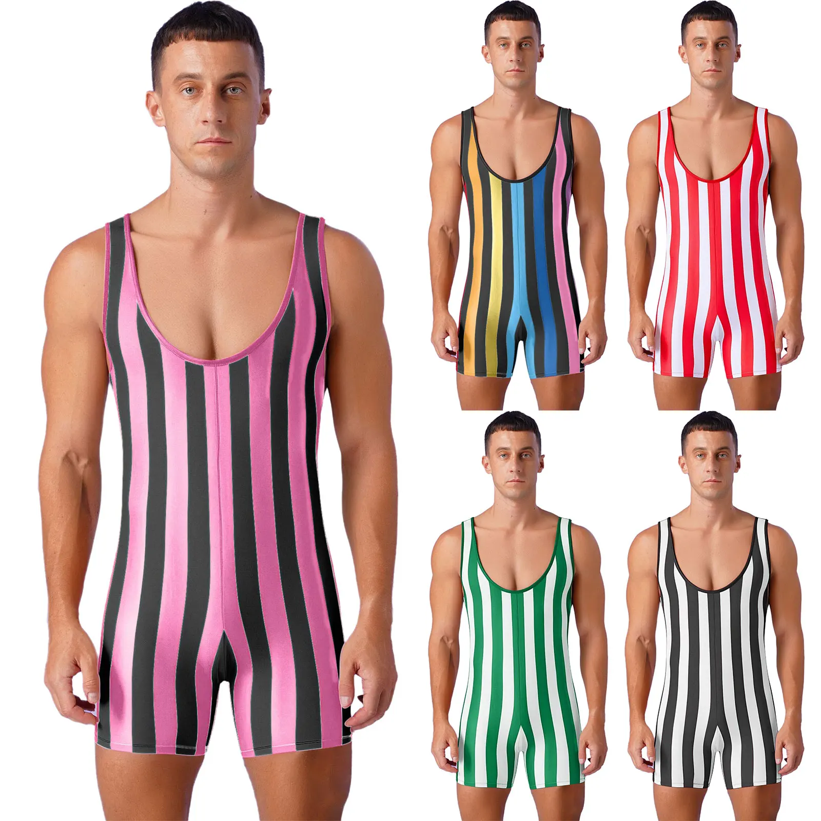 Strong Men's Stretchy Wrestling Singlet Workout Costumes Striped Rompers for Bodybuilding Shapewear Fitness Gym Sports Costumes