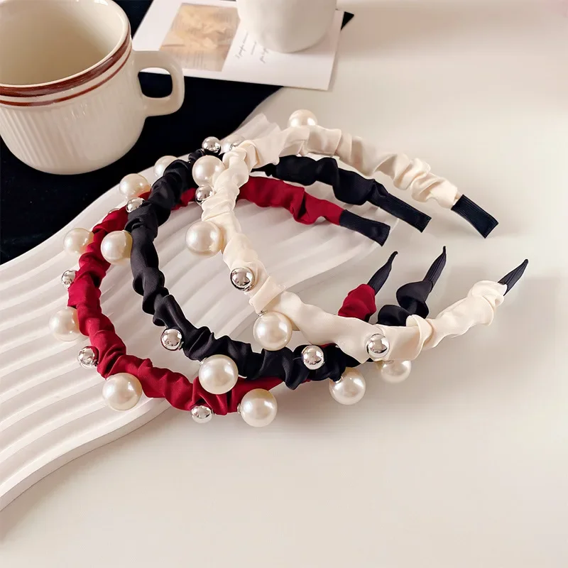 한국 우아한 트위드 스타일 진주 헤어밴드 실버 진주 헤드밴드 하이탑 헤어 우아한 프레스드 헤어 액세서리