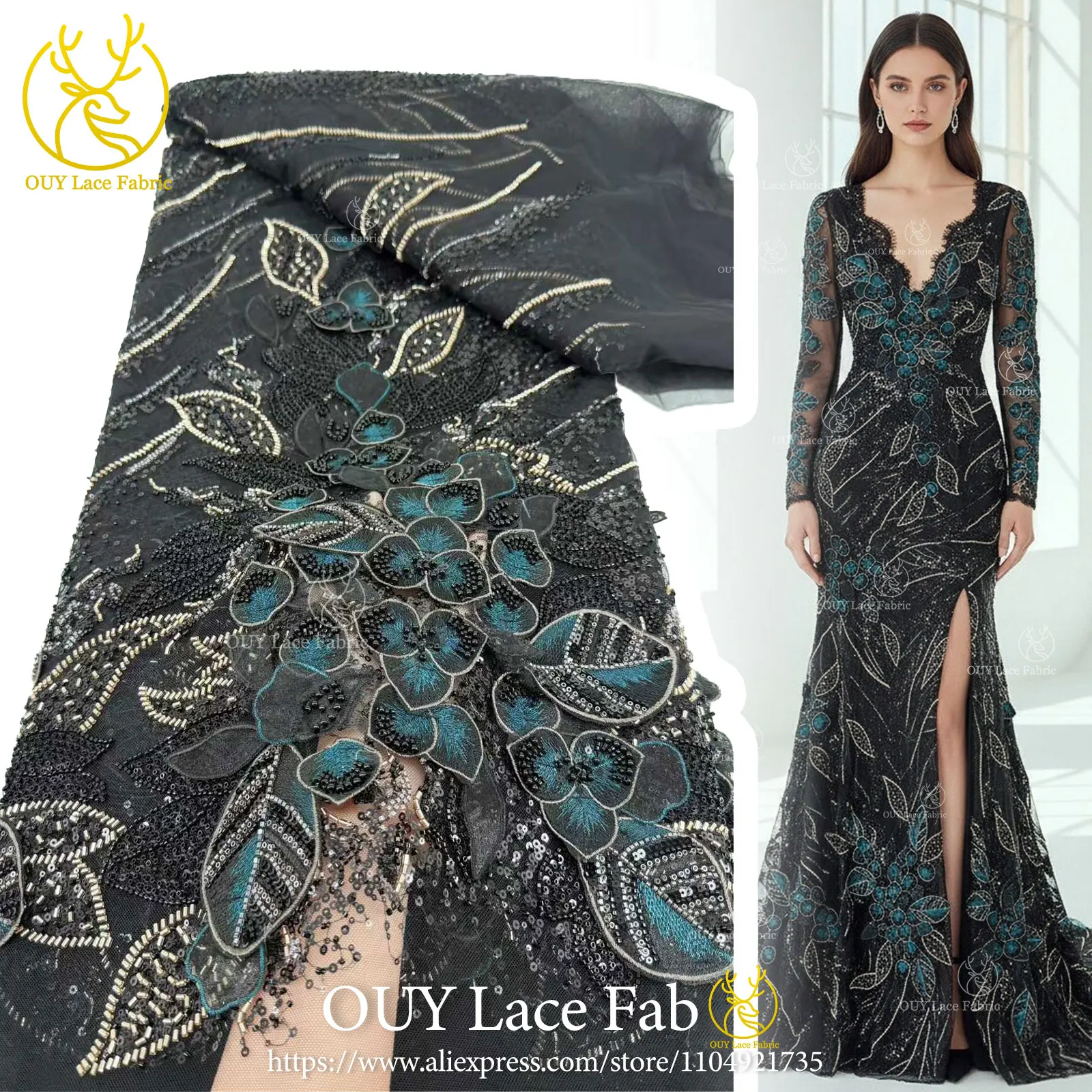 

African 3D Embroidered Lace Fabric 2026 Hot Seller in Nigeria Luxury Sequined Beaded Lace Fabric for Women's Party Dresses 5Y