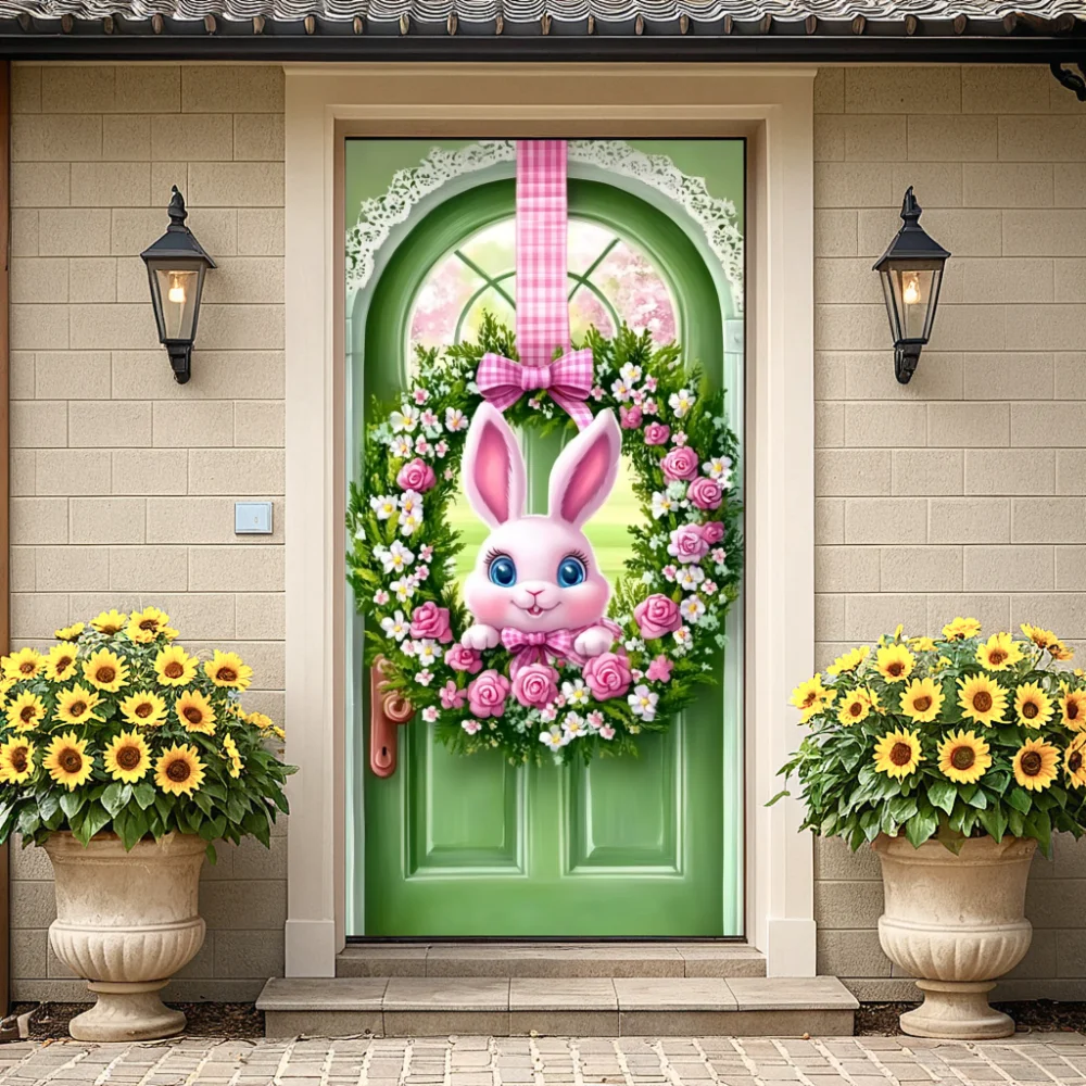 Decoración de Pascua, cubierta de puerta con tema de conejito, forro rosa para puerta, corona de primavera de fantasía, huevos de flores, fiesta, decoraciones para jardín al aire libre Diy