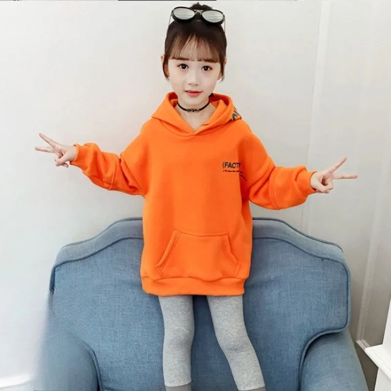 Girls' Thin/Fleece-Lined/Thickened Hooded Sweatshirt - Stylish Mid-Long Brand-Style Premium Top for Spring/Autumn/Winter