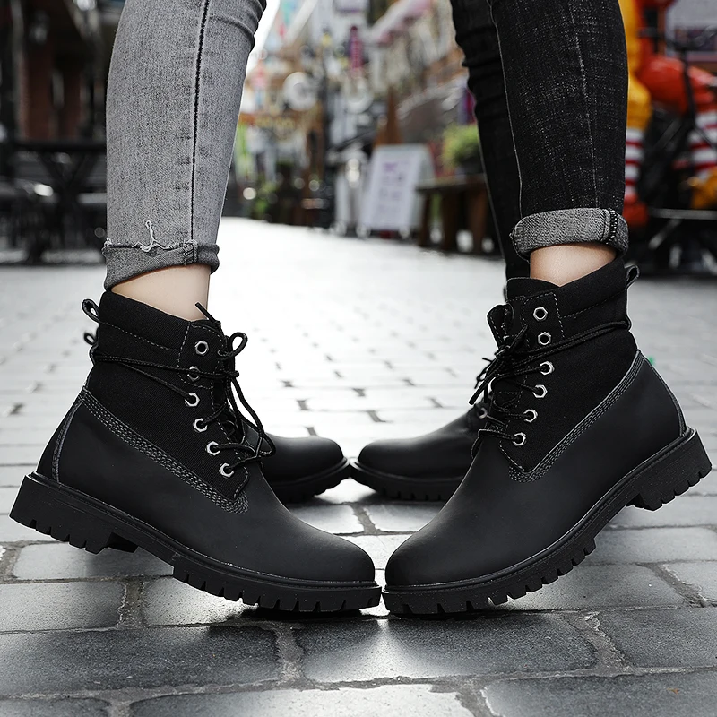 

New Couple Boots Men's and Women's Motorcycle Casual Leather Workwear Ankle Boots Winter Cotton Warm Non-slip Fashion Biker Boot