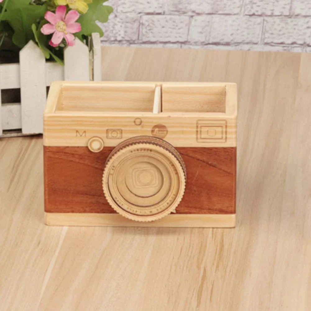 Creative Camera Wooden Pencil Holder Home Desktop Stationarys Makeup Organizer Stand Case Pen Holder