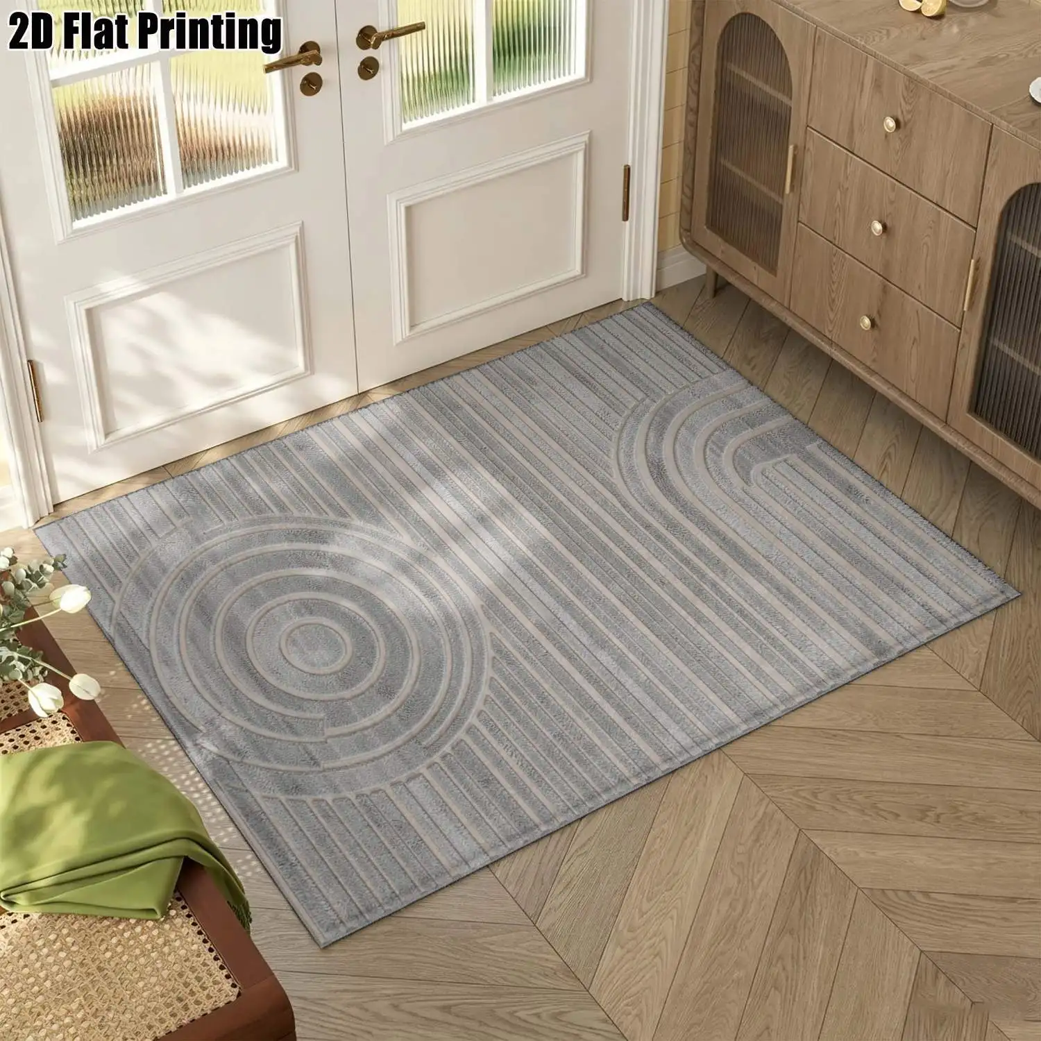1Pc 2D Printed Nordic Minimalist Carpet with Blue-Gray Geometric Round Patterns, Machine Washable, Multi-Size Home Decor Rug for Entryway, Living Room, Bedroom, Dining Room, Study