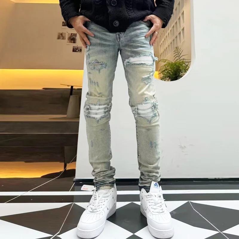 New designer fashionable men's jeans with hole patch, light blue elastic slim fit jeans, high street hip-hop brand pants, Y2K